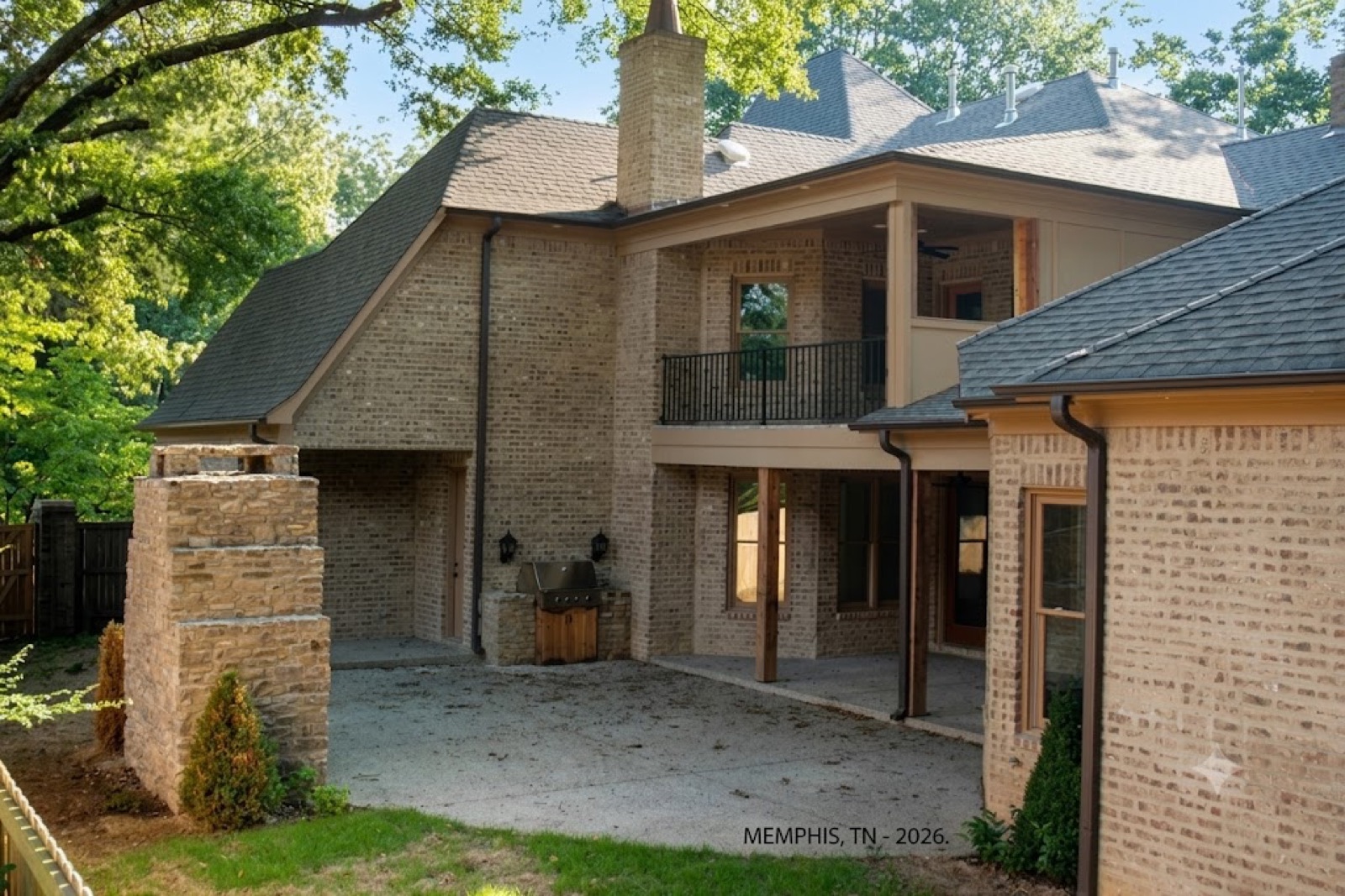 Covered outdoor living space with fireplace built by Renaissance Homes